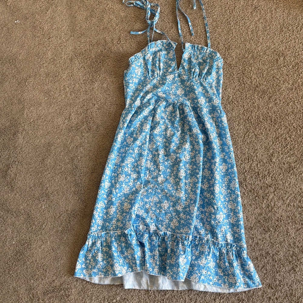 Blue Floral Tie-Strap Cottagecore Ruffle Hem Dress S/M